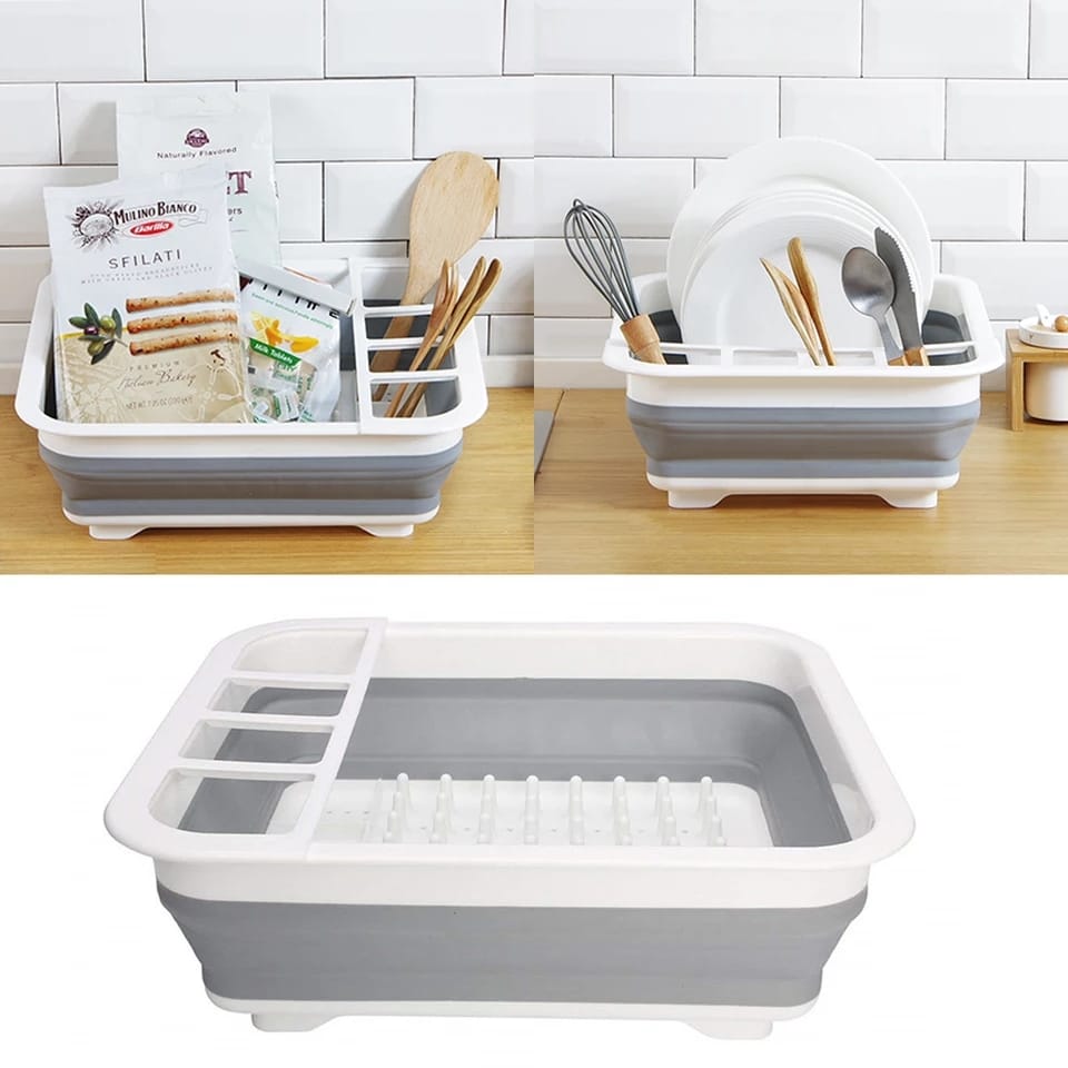 2-in-1 Collapsible Silicone Dish Drying Rack & Utensil Organizer