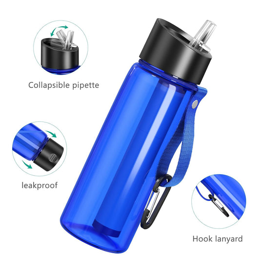 FLYTOP Water Filter Bottle, Outdoor Portable Emergency Water Purifier with Strap Carabiner for Camping Emergency(blue)