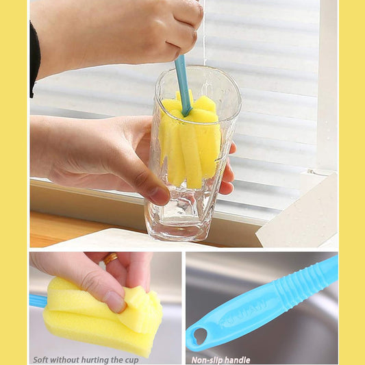 Long-Handle Bottle & Glass Scrubber with High-Density Sponge