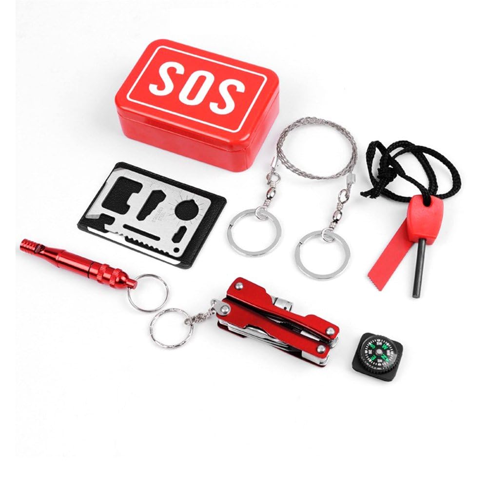 flytop Emergency SOS Survival Kit with Multi-Tool, Wire Saw, Compass, Red Storage Box