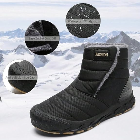 FLYTOP Winter Snow Boots, Fur Lined Ankle Boots, Navy Blue, Waterproof, Slip-On Style   Adult, Men, Alpha, Wide, One Size)