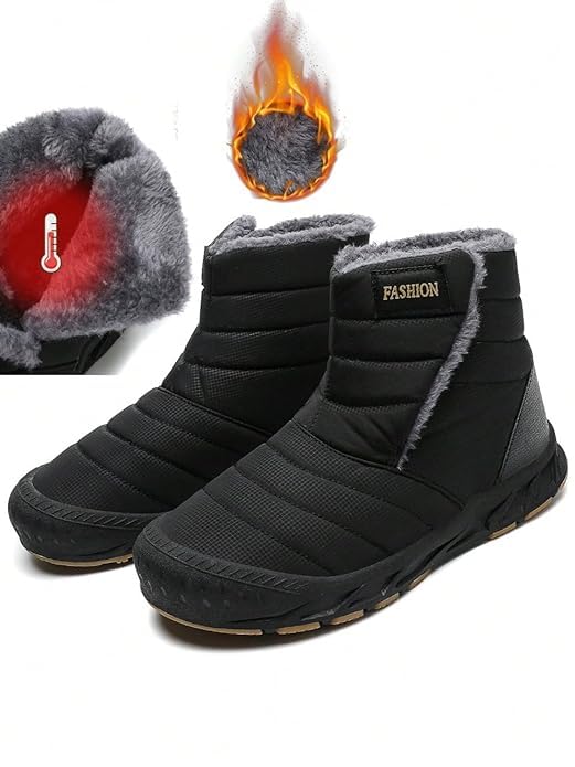 FLYTOP Winter Snow Boots, Fur Lined Ankle Boots, Navy Blue, Waterproof, Slip-On Style   Adult, Men, Alpha, Wide, One Size)
