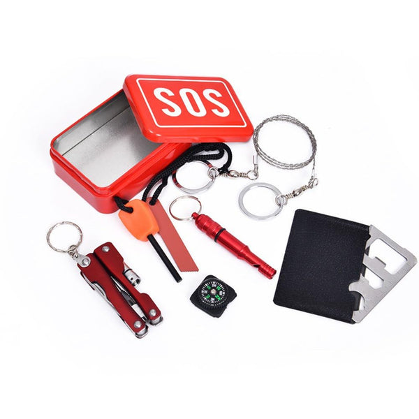 FLYTOP Emergency SOS Survival Kit with Multi-Tool, Wire Saw, Compass, Red Storage Box