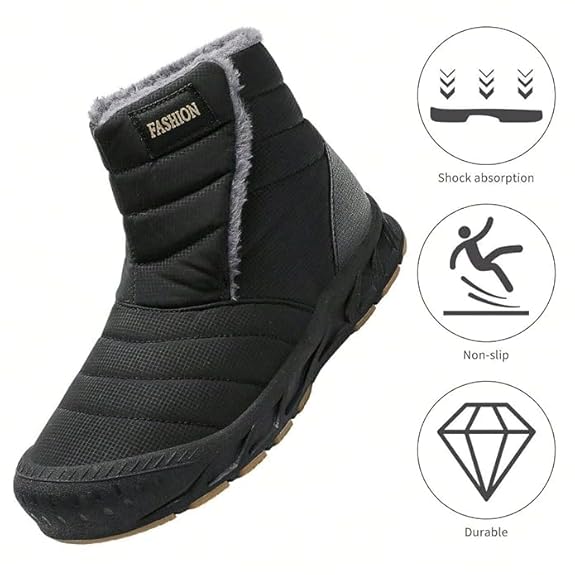 FLYTOP Winter Snow Boots, Fur Lined Ankle Boots, Navy Blue, Waterproof, Slip-On Style   Adult, Men, Alpha, Wide, One Size)
