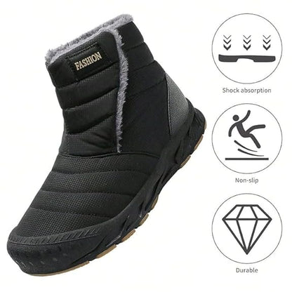 FLYTOP Winter Snow Boots, Fur Lined Ankle Boots, Navy Blue, Waterproof, Slip-On Style   Adult, Men, Alpha, Wide, One Size)