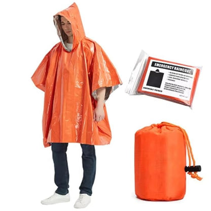 FLYTOP Emergency Rain Poncho, Insulated Thermal Survival Raincoat with Hood for Outdoor Camping 1 PC ONLY.