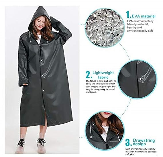 Reusable Rain COAT For Traveling, Washable Drawstring Button Down Waterproof Rainwear Hooded Coat