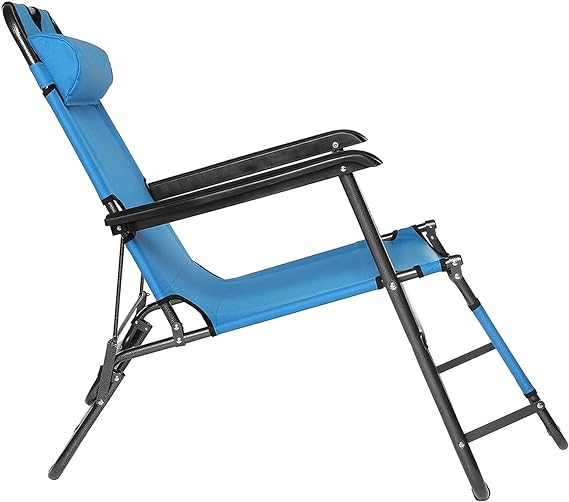 FLYTOP Folding Reclining Beach Chair with Headrest, Portable Outdoor Lounge Chair, Blue and Black