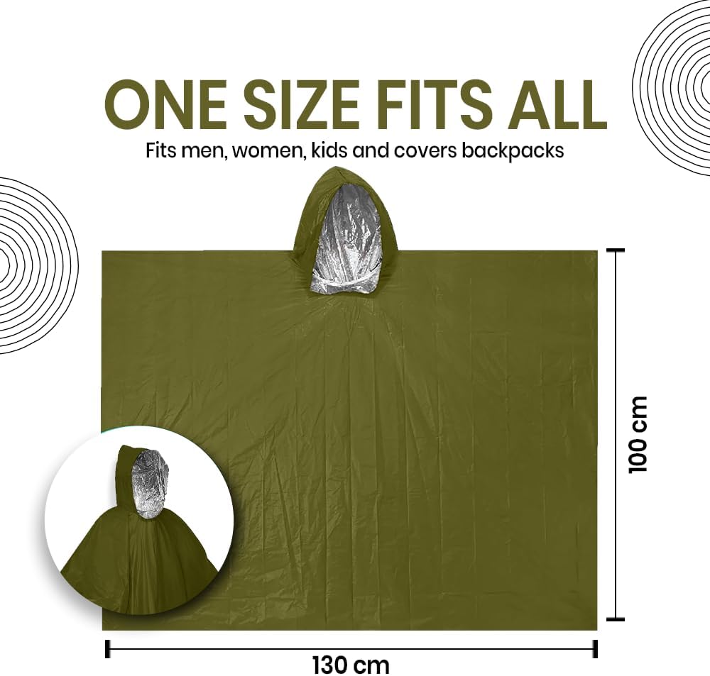 FLYTOP Emergency Rain Poncho, Insulated Thermal Survival Raincoat with Hood for Outdoor Camping 1 PC ONLY.