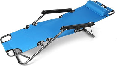 FLYTOP Folding Reclining Beach Chair with Headrest, Portable Outdoor Lounge Chair, Blue and Black
