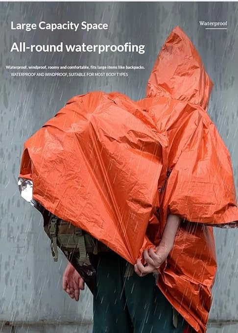 FLYTOP Emergency Rain Poncho, Insulated Thermal Survival Raincoat with Hood for Outdoor Camping 1 PC ONLY.