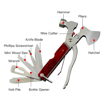 FLYTOP Stainless Steel Portable Multi Utility Multifunction 12 in 1 Hammer Tool Kit of Knife, Axe, Bottle Opener, Nut Car Safety Tool Kit
