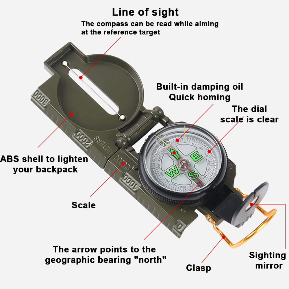 FLYTOP Military Lensatic Sighting Compass, Plastic, Waterproof, Military Compass for Hiking, Camping, Hunting, Outdoor