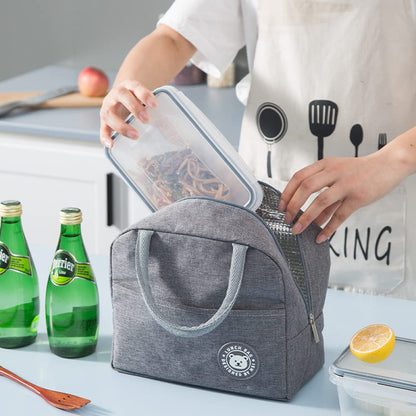Insulated Lunch Bag with Handles, multicolor Denim Style, Bear Logo, Compact Size