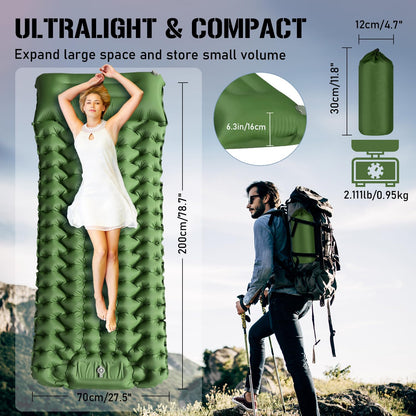 FLYTOP Camping Sleeping Pad Thick Camping Mattress Waterproof Self Inflating Air Mattress with Carry Bag Built-in Foot Pump and Pillow for Backpacking, Hiking, Traveling