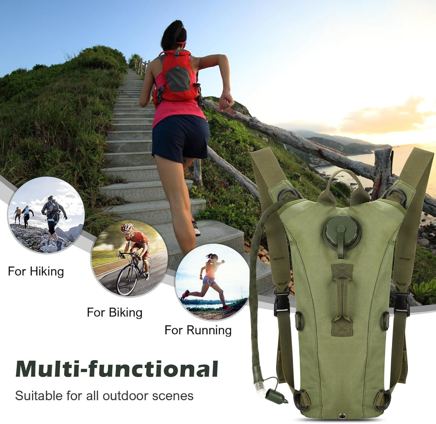 FLYTOP 3 LTR  Hydration Bladder Water Bag Pouch Backpack Hiking Camping Army Green