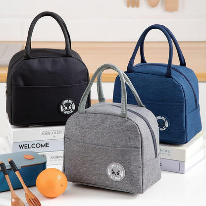 Insulated Lunch Bag with Handles, multicolor Denim Style, Bear Logo, Compact Size