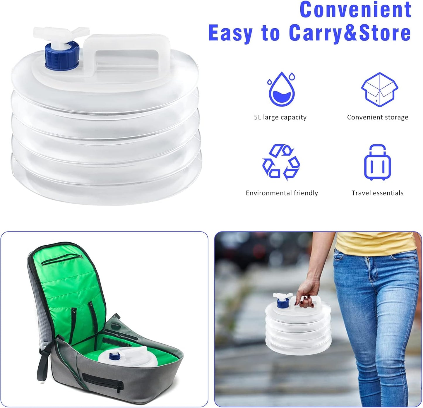 Foldable Water Container with Spigot,10 Liter, Portable Camping Storage, White