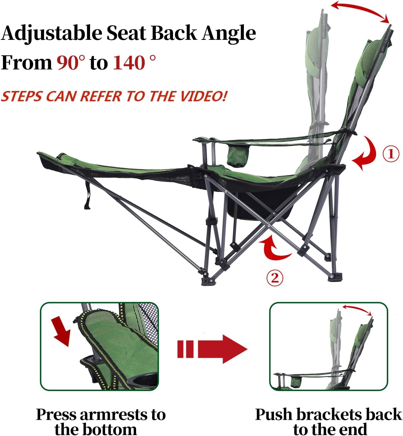 FLYTOP Reclining Camping Chair with Footrest, Mesh Back, Cup Holder, Green
