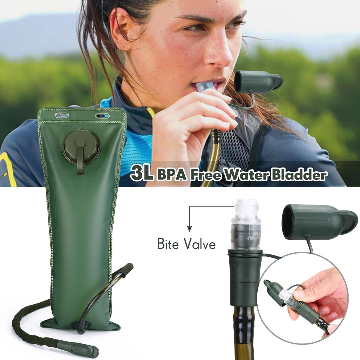 FLYTOP 3 LTR  Hydration Bladder Water Bag Pouch Backpack Hiking Camping Army Green