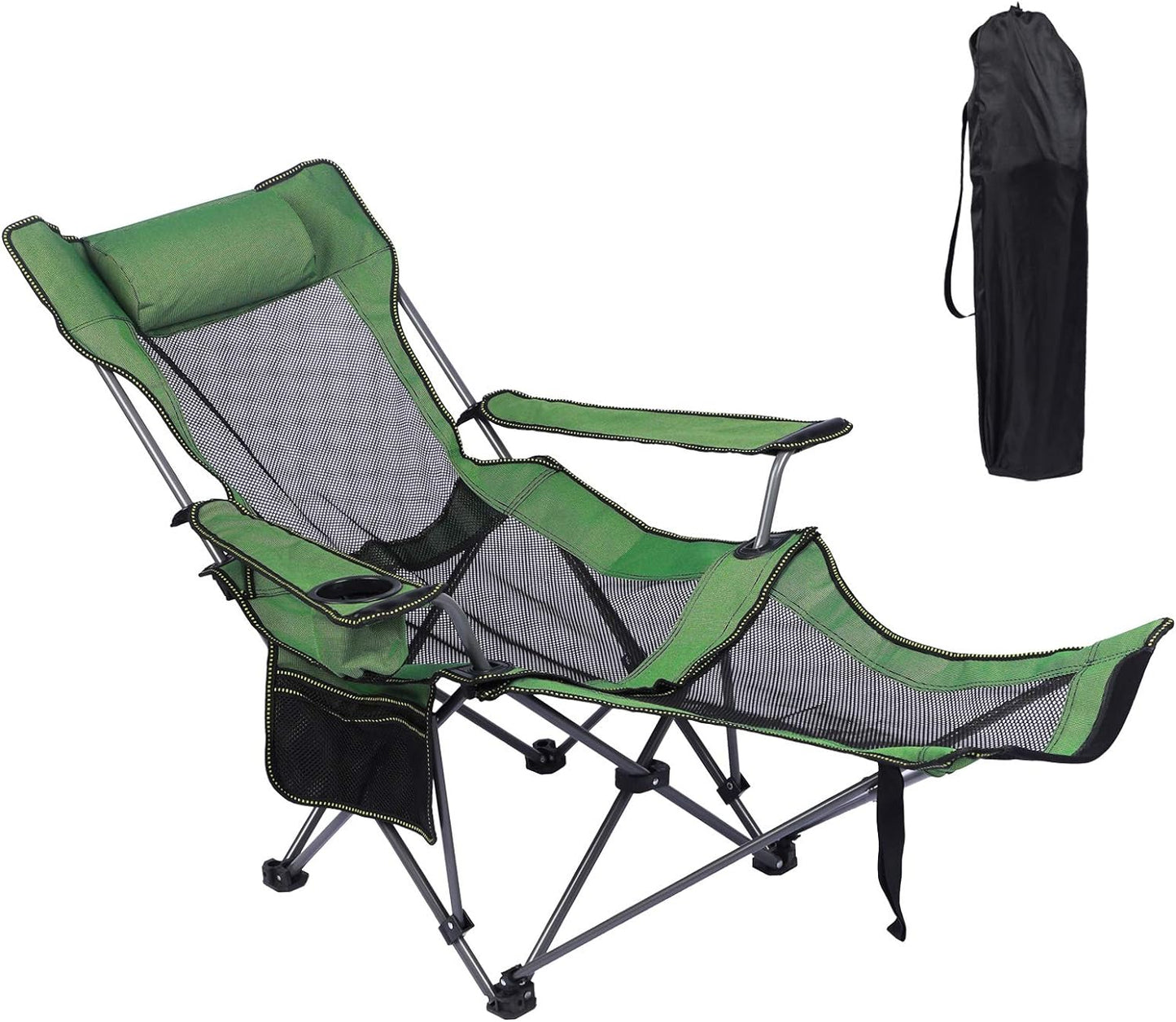 FLYTOP Reclining Camping Chair with Footrest, Mesh Back, Cup Holder, Green