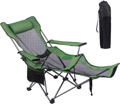 FLYTOP Reclining Camping Chair with Footrest, Mesh Back, Cup Holder, Green