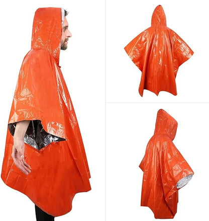 FLYTOP Emergency Rain Poncho, Insulated Thermal Survival Raincoat with Hood for Outdoor Camping 1 PC ONLY.
