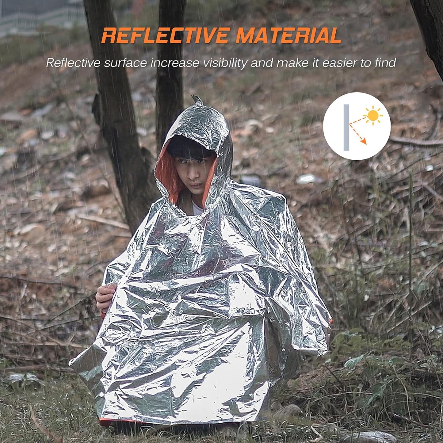FLYTOP Emergency Rain Poncho, Insulated Thermal Survival Raincoat with Hood for Outdoor Camping 1 PC ONLY.