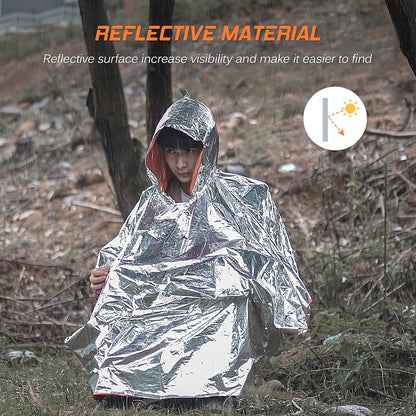 FLYTOP Emergency Rain Poncho, Insulated Thermal Survival Raincoat with Hood for Outdoor Camping 1 PC ONLY.