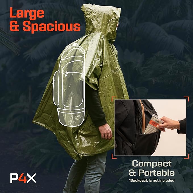FLYTOP Emergency Rain Poncho, Insulated Thermal Survival Raincoat with Hood for Outdoor Camping 1 PC ONLY.