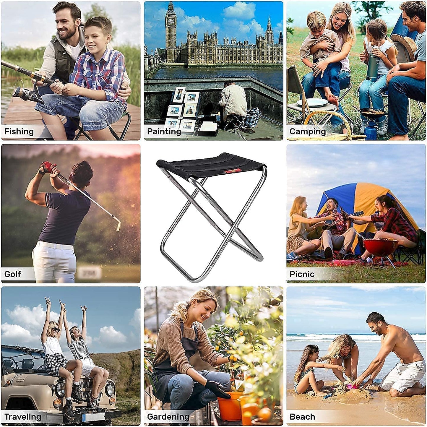 Portable Camping Folding Stool with Pouch, Small Lightweight Collapsible Camp Stool Aluminum Compact Ultralight Mini Folding Stool Seat for Garden, Beach, Fishing, Hiking, Picnic, BBQ, Travel