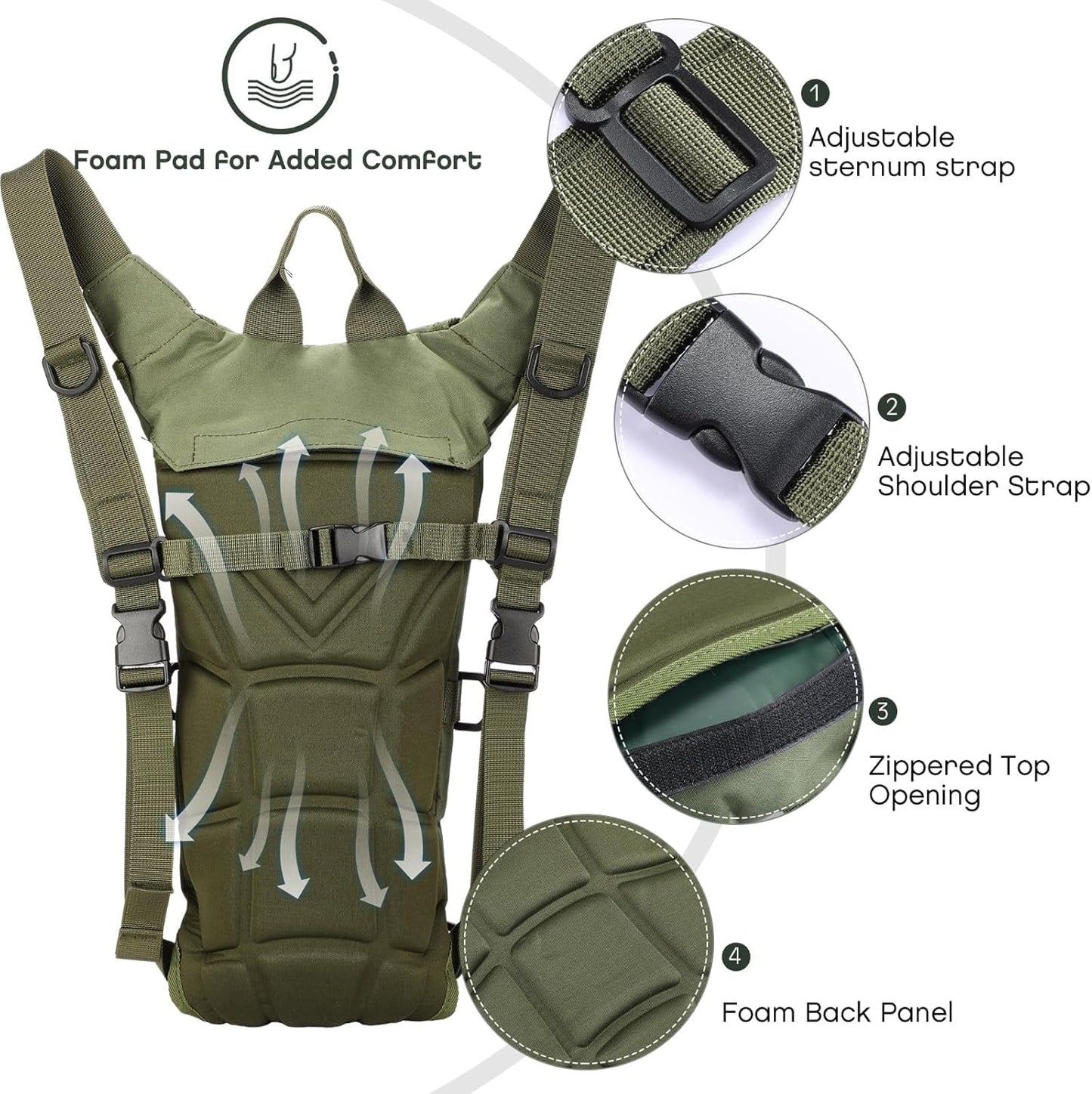 FLYTOP 3 LTR  Hydration Bladder Water Bag Pouch Backpack Hiking Camping Army Green
