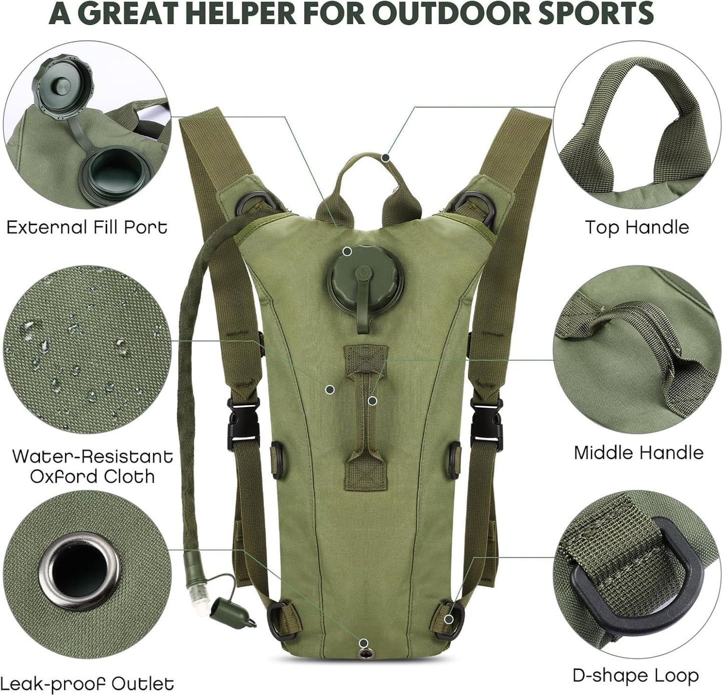 FLYTOP 3 LTR  Hydration Bladder Water Bag Pouch Backpack Hiking Camping Army Green