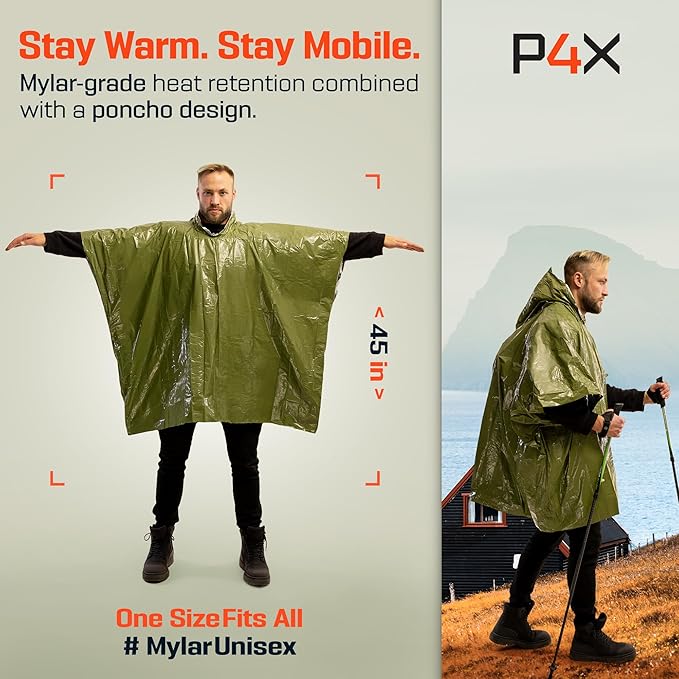 FLYTOP Emergency Rain Poncho, Insulated Thermal Survival Raincoat with Hood for Outdoor Camping 1 PC ONLY.