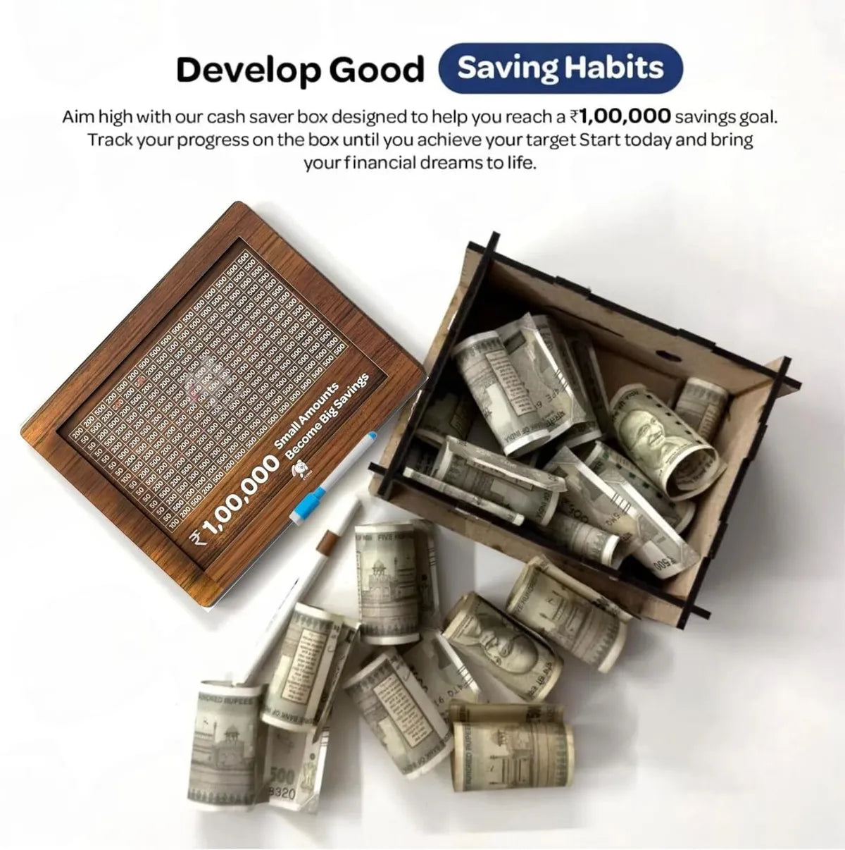 Wooden Daily Savings Box with Chart | Money Collection Bank for Rs. 1,00,000 | Brown (Pen Excluded)