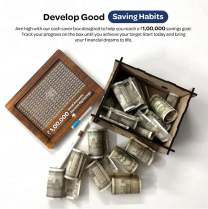 Wooden Daily Savings Box with Chart | Money Collection Bank for Rs. 1,00,000 | Brown (Pen Excluded)
