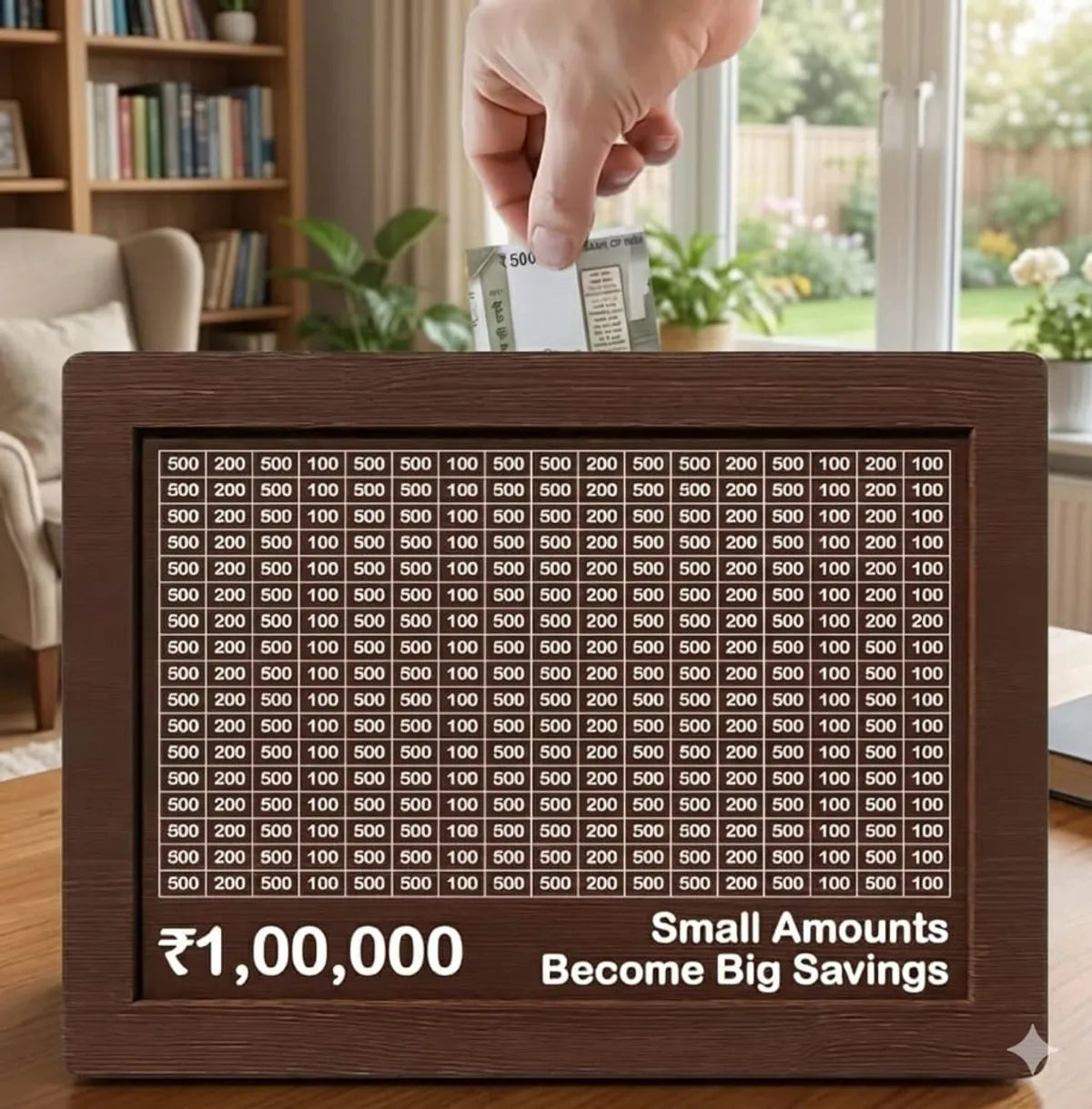 Wooden Daily Savings Box with Chart | Money Collection Bank for Rs. 1,00,000 | Brown (Pen Excluded)