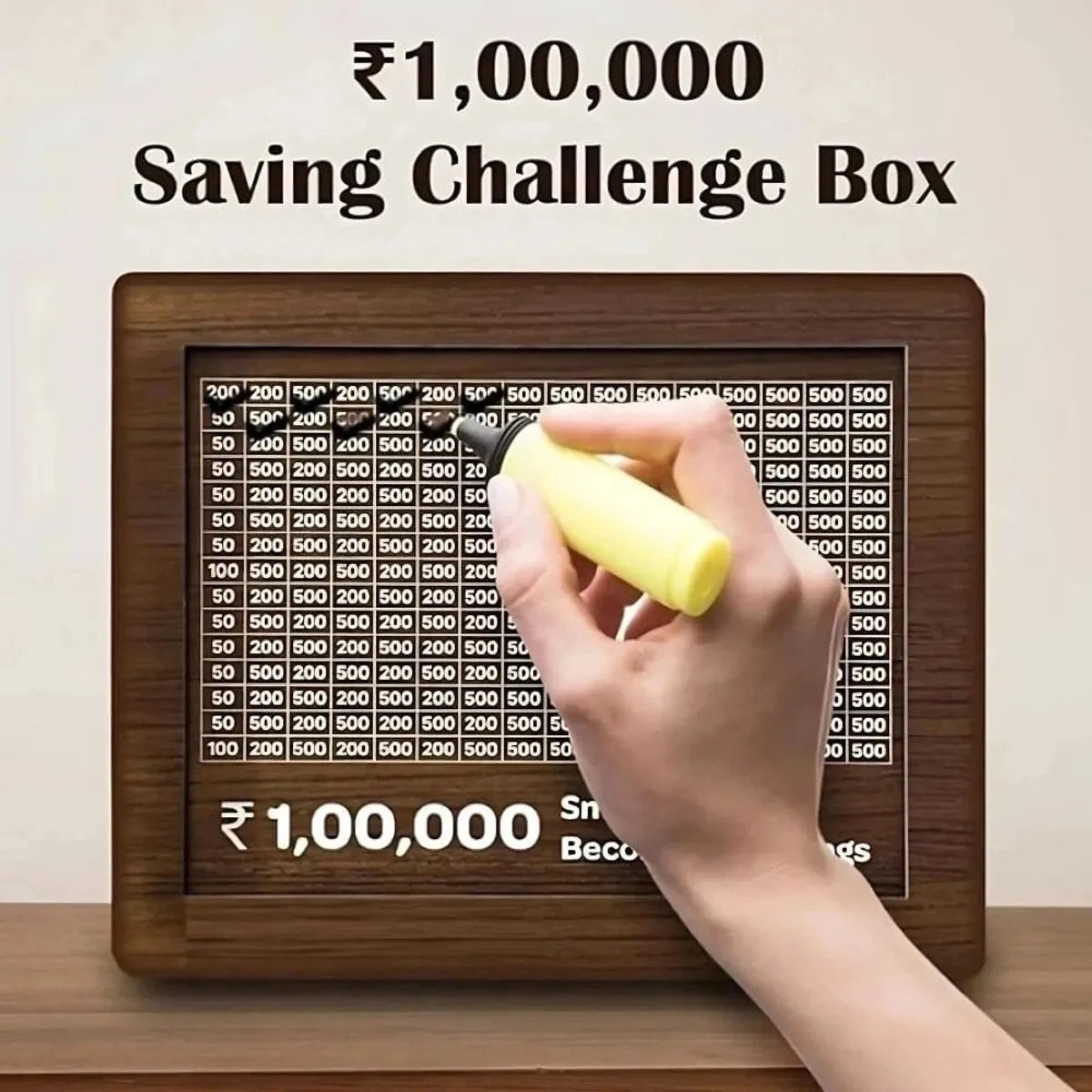 Wooden Daily Savings Box with Chart | Money Collection Bank for Rs. 1,00,000 | Brown (Pen Excluded)