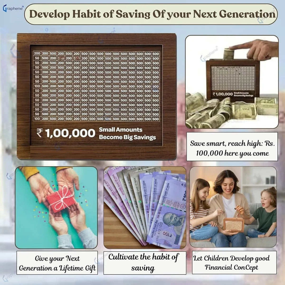 Wooden Daily Savings Box with Chart | Money Collection Bank for Rs. 1,00,000 | Brown (Pen Excluded)