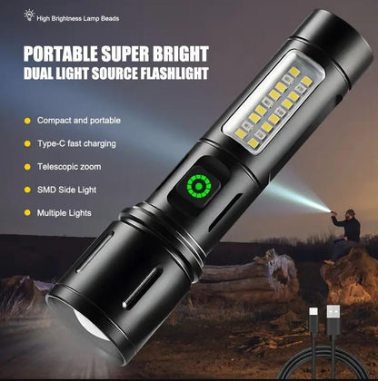 FLYTOP EDC Flashlight  Mini Telescopic Zoom Usb Rechargeable Cob High  Lumens Waterproof White Led Torch Light Tactical  Flashlight