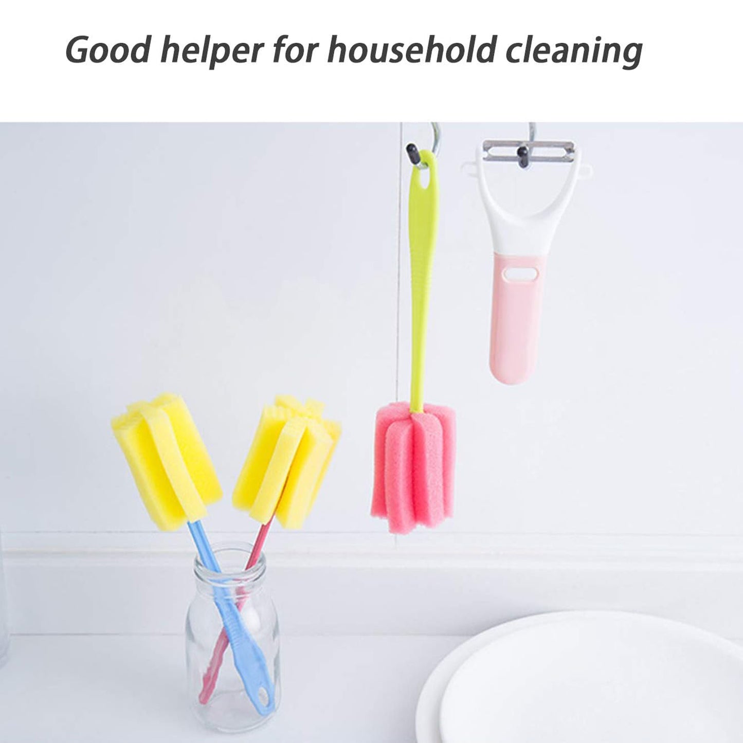 Long-Handle Bottle & Glass Scrubber with High-Density Sponge