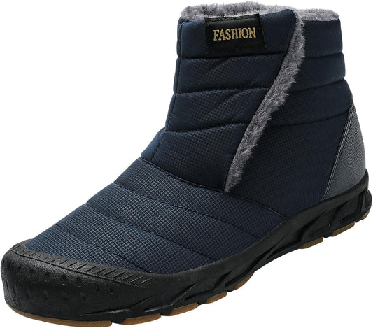 FLYTOP Winter Snow Boots, Fur Lined Ankle Boots, Navy Blue, Waterproof, Slip-On Style   Adult, Men, Alpha, Wide, One Size)