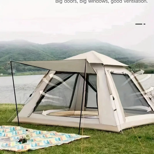 4-Person Waterproof Camping Tent, Large Windows and Doors, Enhanced Ventilation, Beige