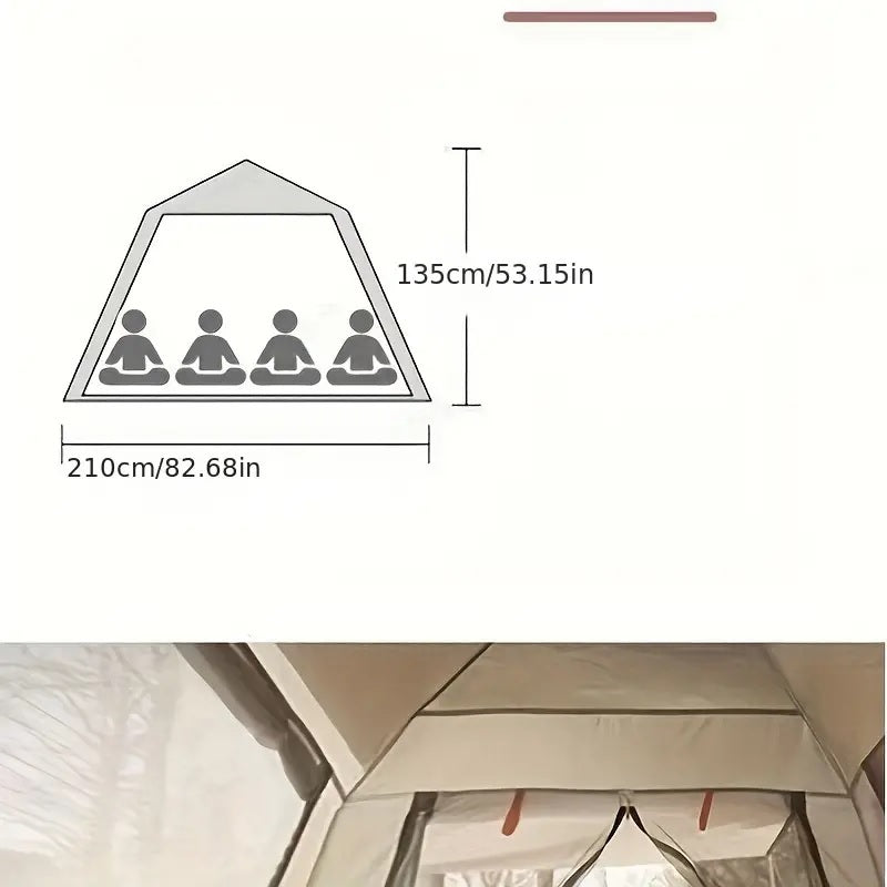 4-Person Waterproof Camping Tent, Large Windows and Doors, Enhanced Ventilation, Beige