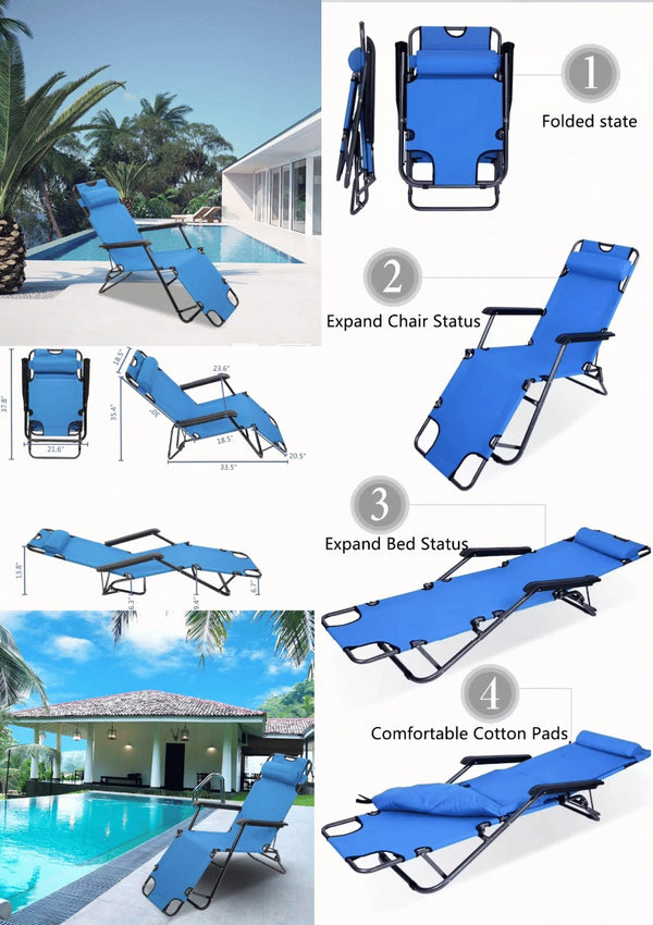 FLYTOP Folding Reclining Beach Chair with Headrest, Portable Outdoor Lounge Chair, Blue and Black