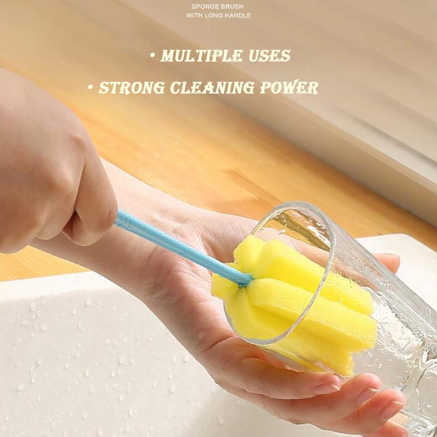 Long-Handle Bottle & Glass Scrubber with High-Density Sponge