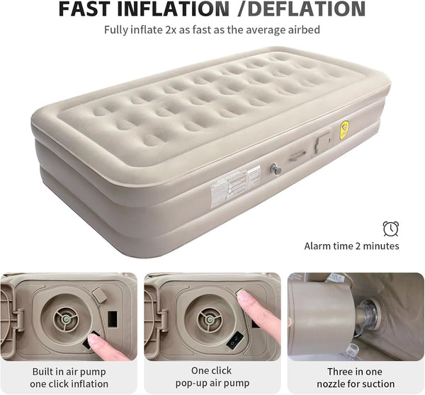 FLYTOP Inflatable Airbed with Built-in Rechargeable Pump Camping Twin Size Blow up Air Bed Mattress