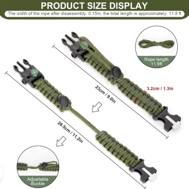 FLYTOP Tactical Adjustable paracord Bracelet with compass, flint and  whistle
