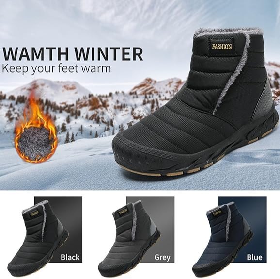 FLYTOP Winter Snow Boots, Fur Lined Ankle Boots, Navy Blue, Waterproof, Slip-On Style   Adult, Men, Alpha, Wide, One Size)