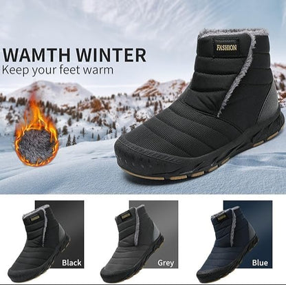 FLYTOP Winter Snow Boots, Fur Lined Ankle Boots, Navy Blue, Waterproof, Slip-On Style   Adult, Men, Alpha, Wide, One Size)